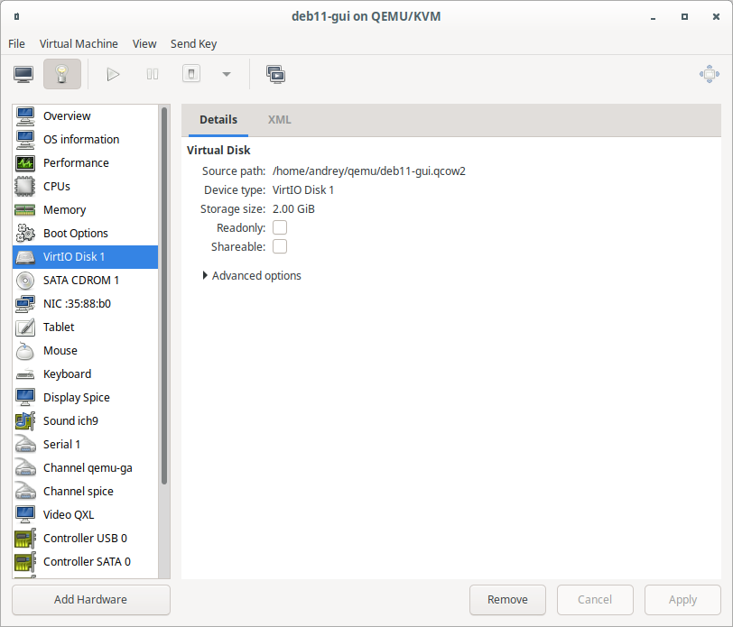 deb11-vm Virtual Manager